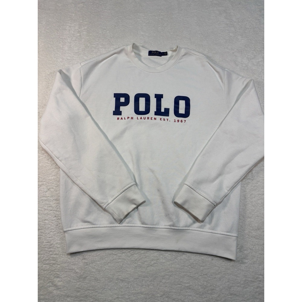 Polo Ralph Lauren Sweatshirt Mens Large White Crewneck Logo Graphic Long Sleeve